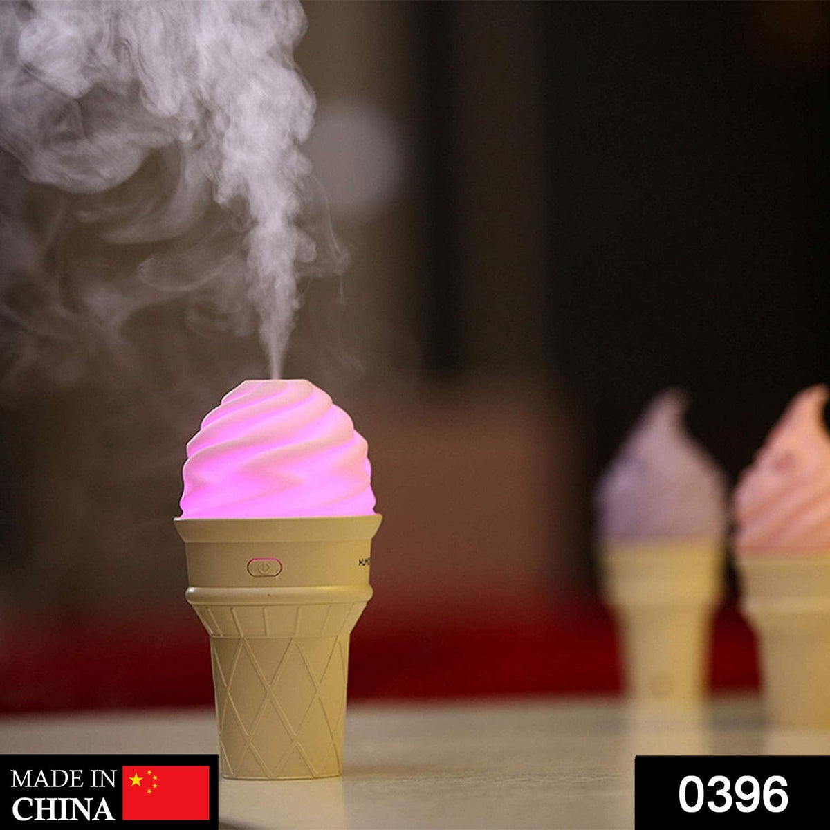 Compact ice cream shaped LED humidifier emitting mist