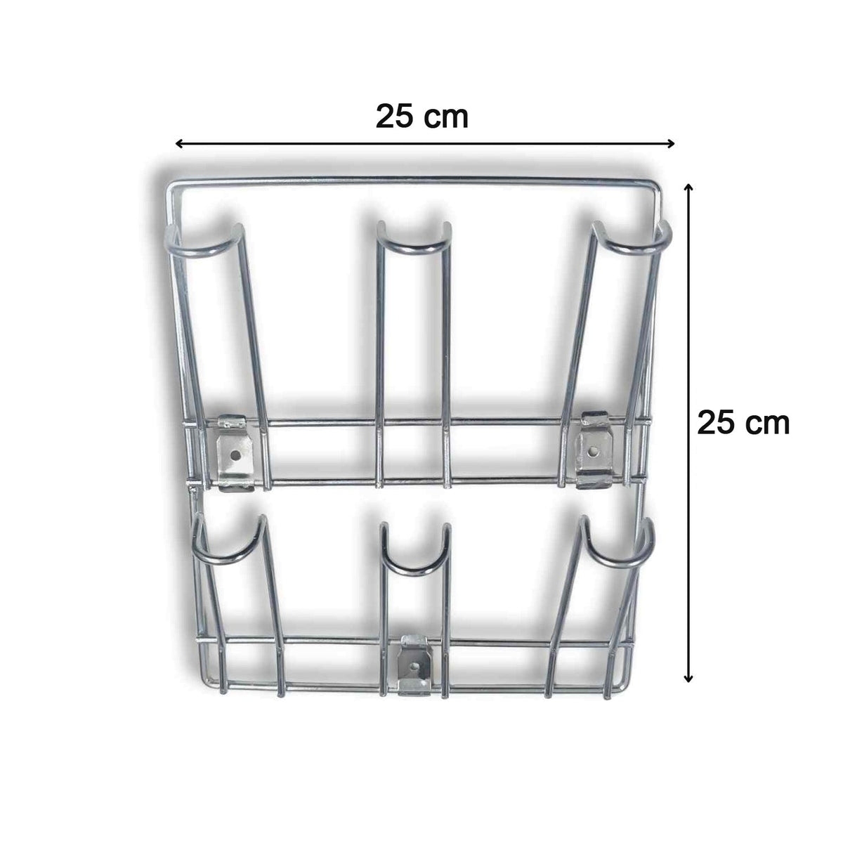 Front view of wall-mounted stainless steel mug and cup holder rack