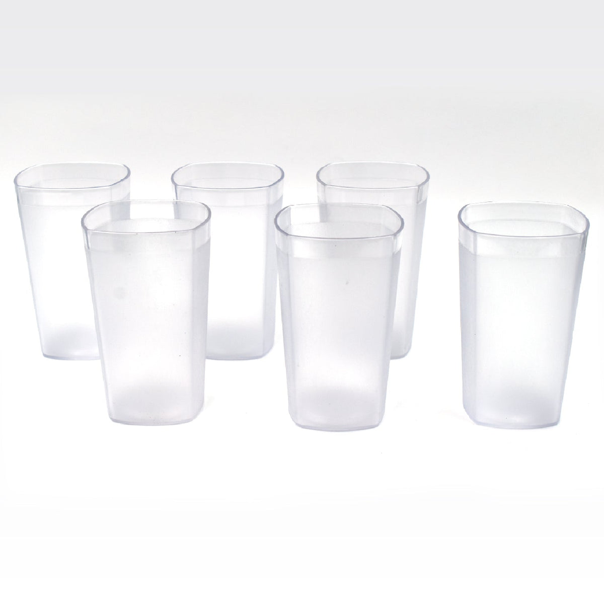 Ganesh 350ml unbreakable plastic drinking glasses, set of 6, arranged on a table.