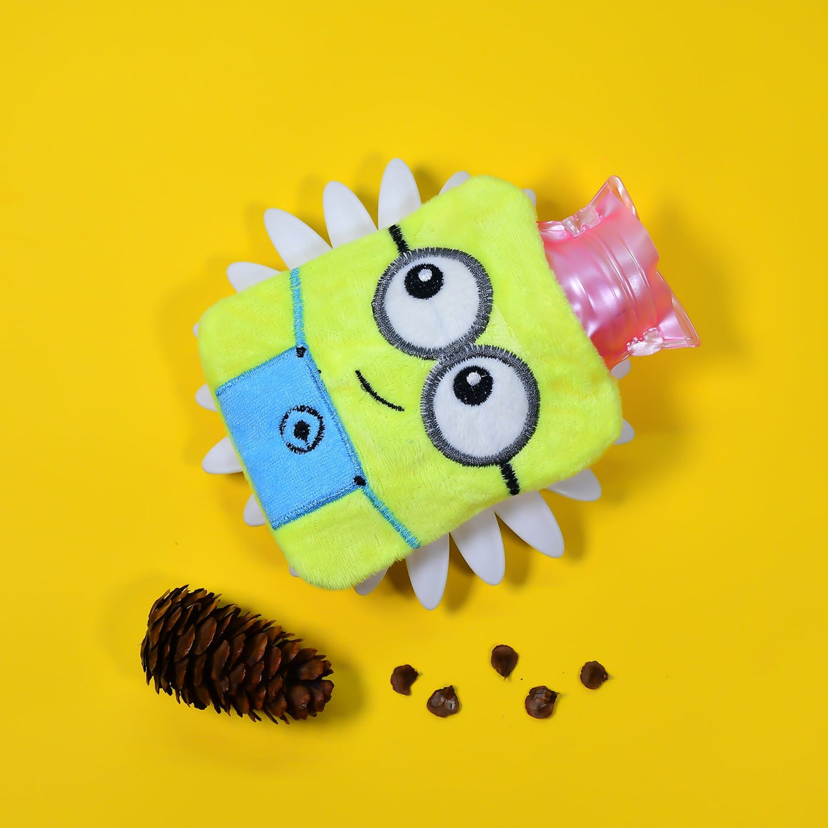 Minions hot water bag demonstrating flexibility and soft fabric cover.