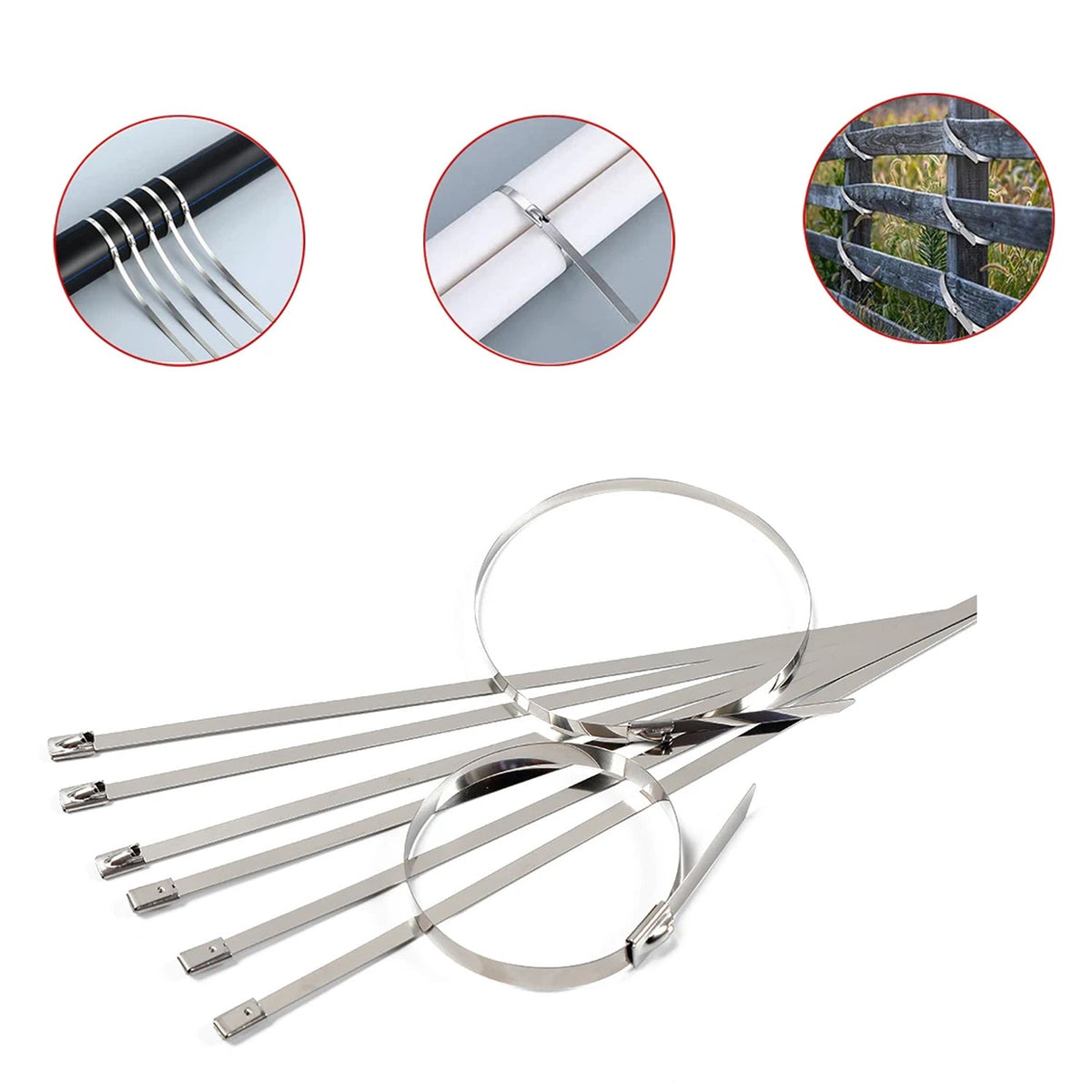 Close-up of a bundle of 100 BoltForce Stainless Steel Cable Ties, showcasing their metallic finish.